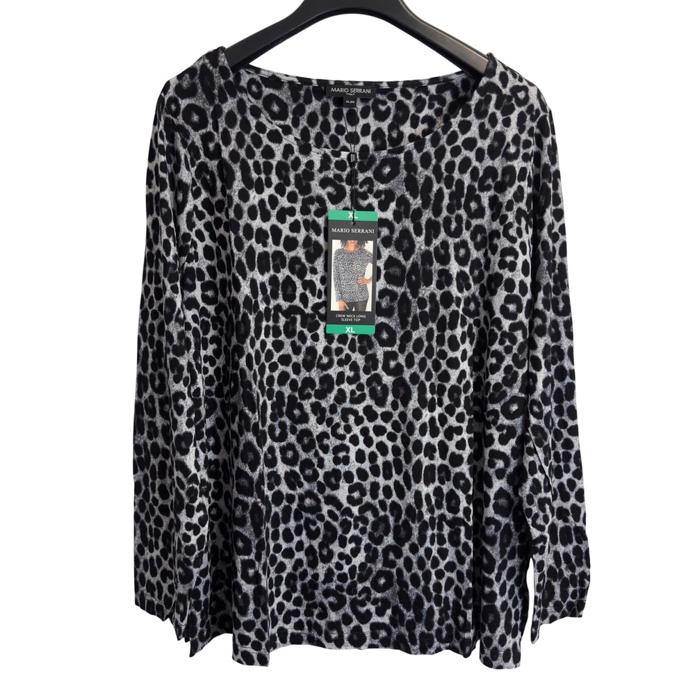 Mario Serrani Italy Womens XL Grey Black Leopard Print Long Sleeve Crew Neck Top